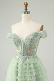 Sparkly Light Green A Line Off The Shoulder Corset Tulle Prom Dress