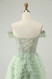 Sparkly Light Green A Line Off The Shoulder Corset Tulle Prom Dress