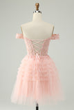 Blush A Line Off The Shoulder Corset Short Tulle Prom Dress