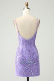 Sparkly Purple Spaghetti Straps Tight Short Prom Dress with Sequins