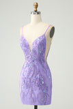 Sparkly Purple Spaghetti Straps Tight Short Prom Dress with Sequins