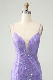 Sparkly Purple Spaghetti Straps Tight Short Prom Dress with Sequins