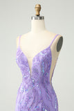 Sparkly Purple Spaghetti Straps Tight Short Prom Dress with Sequins