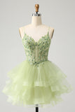 Puffy Light Green A-Line Tulle Tiered Backless Prom Dress with Appliques