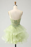 Puffy Light Green A-Line Tulle Tiered Backless Prom Dress with Appliques