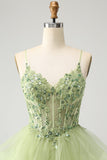 Puffy Light Green A-Line Tulle Tiered Backless Prom Dress with Appliques