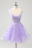 Cute Lilac A-Line Corset Embroidered Tulle Prom Dress with Sequins