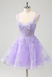 Cute Lilac A-Line Corset Embroidered Tulle Prom Dress with Sequins