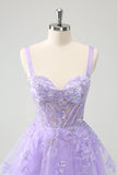 Cute Lilac A-Line Corset Embroidered Tulle Prom Dress with Sequins