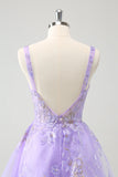 Cute Lilac A-Line Corset Embroidered Tulle Prom Dress with Sequins