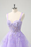 Cute Lilac A-Line Corset Embroidered Tulle Prom Dress with Sequins