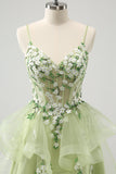 Cute Light Green A-Line Applique Tulle Prom Dress with Ruffles