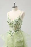 Cute Light Green A-Line Applique Tulle Prom Dress with Ruffles