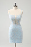 Light Blue Bodycon Spaghetti Straps Short Prom Dress with Lace Up Back