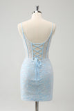 Light Blue Bodycon Spaghetti Straps Short Prom Dress with Lace Up Back