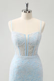 Light Blue Bodycon Spaghetti Straps Short Prom Dress with Lace Up Back