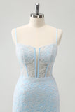 Light Blue Bodycon Spaghetti Straps Short Prom Dress with Lace Up Back