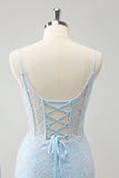 Light Blue Bodycon Spaghetti Straps Short Prom Dress with Lace Up Back