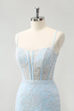 Light Blue Bodycon Spaghetti Straps Short Prom Dress with Lace Up Back