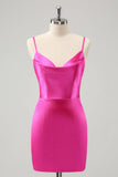 Fuchsia Cowl Neck Backless Satin Tight Short Prom Dress