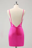 Fuchsia Cowl Neck Backless Satin Tight Short Prom Dress