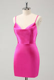 Fuchsia Cowl Neck Backless Satin Tight Short Prom Dress