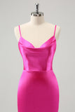 Fuchsia Cowl Neck Backless Satin Tight Short Prom Dress