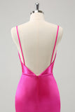 Fuchsia Cowl Neck Backless Satin Tight Short Prom Dress