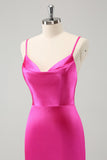 Fuchsia Cowl Neck Backless Satin Tight Short Prom Dress