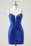 Sparkly Royal Blue Corset Bodycon Mini Prom Dress with Sequins