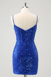 Sparkly Royal Blue Corset Bodycon Mini Prom Dress with Sequins