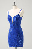 Sparkly Royal Blue Corset Bodycon Mini Prom Dress with Sequins