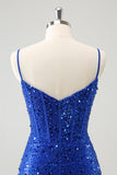 Sparkly Royal Blue Corset Bodycon Mini Prom Dress with Sequins