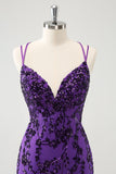 Sparkly Purple Spaghetti Straps Tight Short Prom Dress with Appliques