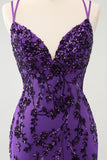 Sparkly Purple Spaghetti Straps Tight Short Prom Dress with Appliques