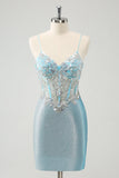 Delicate Light Blue Spaghetti Straps Tight Satin Short Prom Dress with Sequins