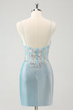 Delicate Light Blue Spaghetti Straps Tight Satin Short Prom Dress with Sequins