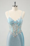 Delicate Light Blue Spaghetti Straps Tight Satin Short Prom Dress with Sequins