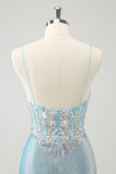 Delicate Light Blue Spaghetti Straps Tight Satin Short Prom Dress with Sequins