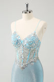 Delicate Light Blue Spaghetti Straps Tight Satin Short Prom Dress with Sequins