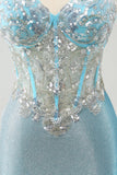 Delicate Light Blue Spaghetti Straps Tight Satin Short Prom Dress with Sequins