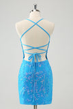 Sparkly Sky Blue Tight Short Prom Dress with Lace-Up Back