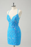 Sparkly Sky Blue Tight Short Prom Dress with Lace-Up Back