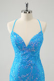 Sparkly Sky Blue Tight Short Prom Dress with Lace-Up Back