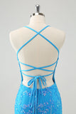 Sparkly Sky Blue Tight Short Prom Dress with Lace-Up Back