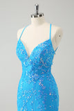 Sparkly Sky Blue Tight Short Prom Dress with Lace-Up Back