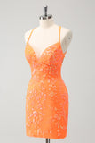 Sparkly Orange Lace-Up Back Tight Short Prom Dress with Sequins