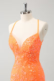 Sparkly Orange Lace-Up Back Tight Short Prom Dress with Sequins