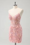 Glitter Blush Spaghetti Straps Tight Short Prom Dress with Beading