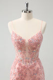 Glitter Blush Spaghetti Straps Tight Short Prom Dress with Beading